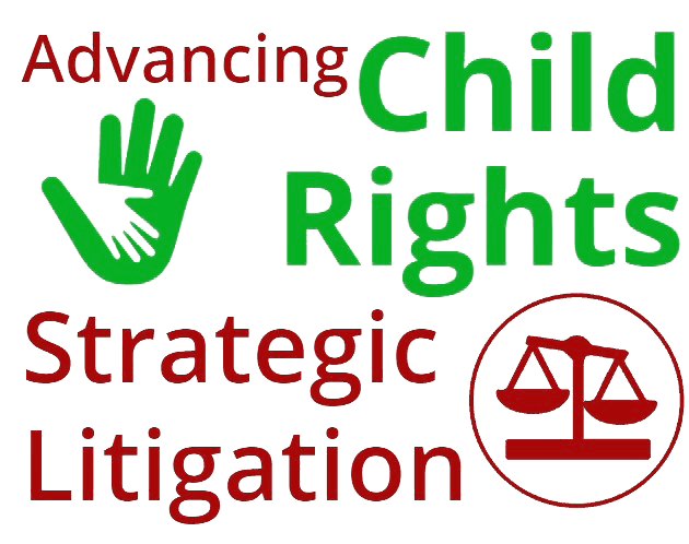 I röd och grön text står det "Advancing Child Rights Strategic Litigation" bredvid en symbol av en hand och en våg. 